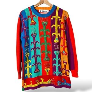 LL EUROPEAN 100% Cotton Embroidered & Beaded Rainbow Knit Pulloveer Sweater Sz M
